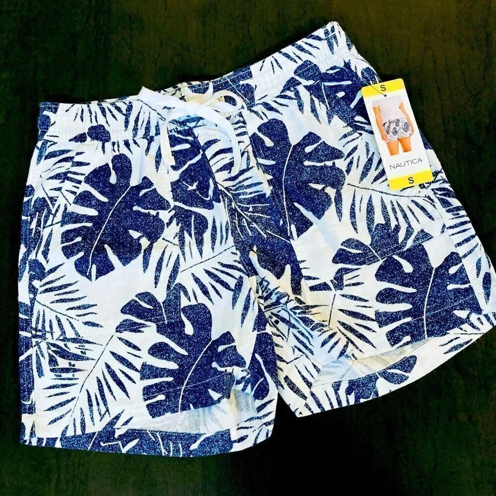 Nautica Blue Botanical Print Linen Blend Shorts S